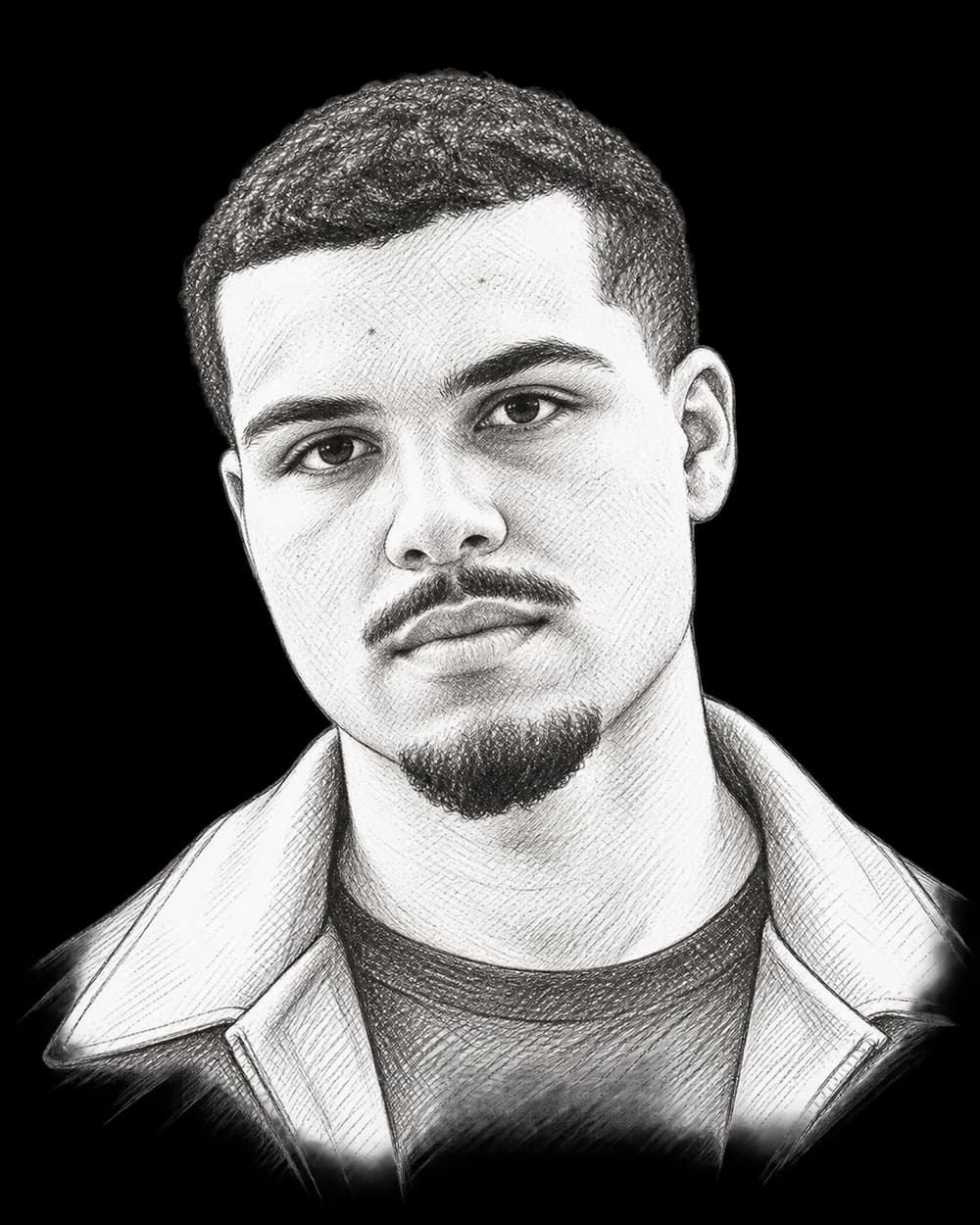 Portrait d’Evan Greven dessiné au trait, d’après sa photographie.